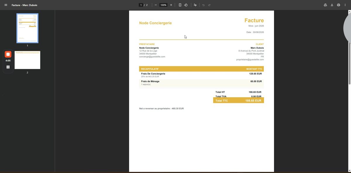 Facture générée par Node